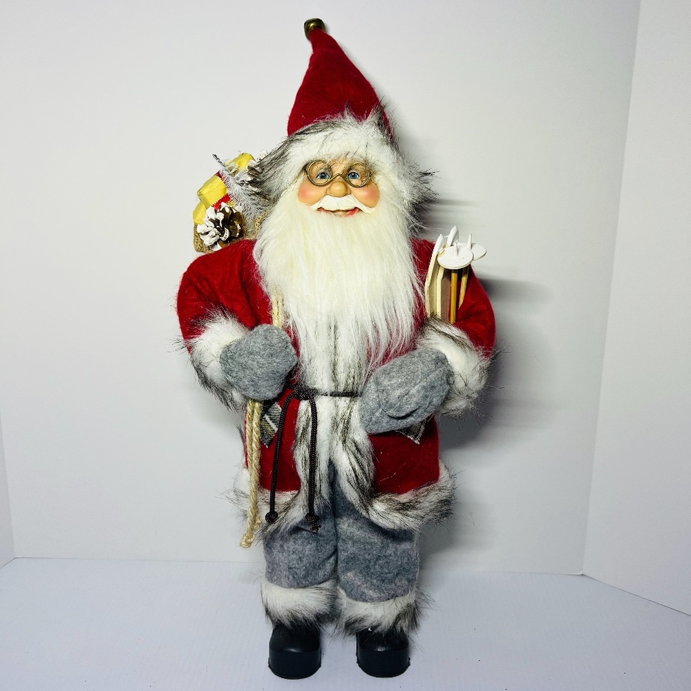 Hanna's Handiworks Santa Claus Figure Standing Holding Snow Skis 25" Red & Gray